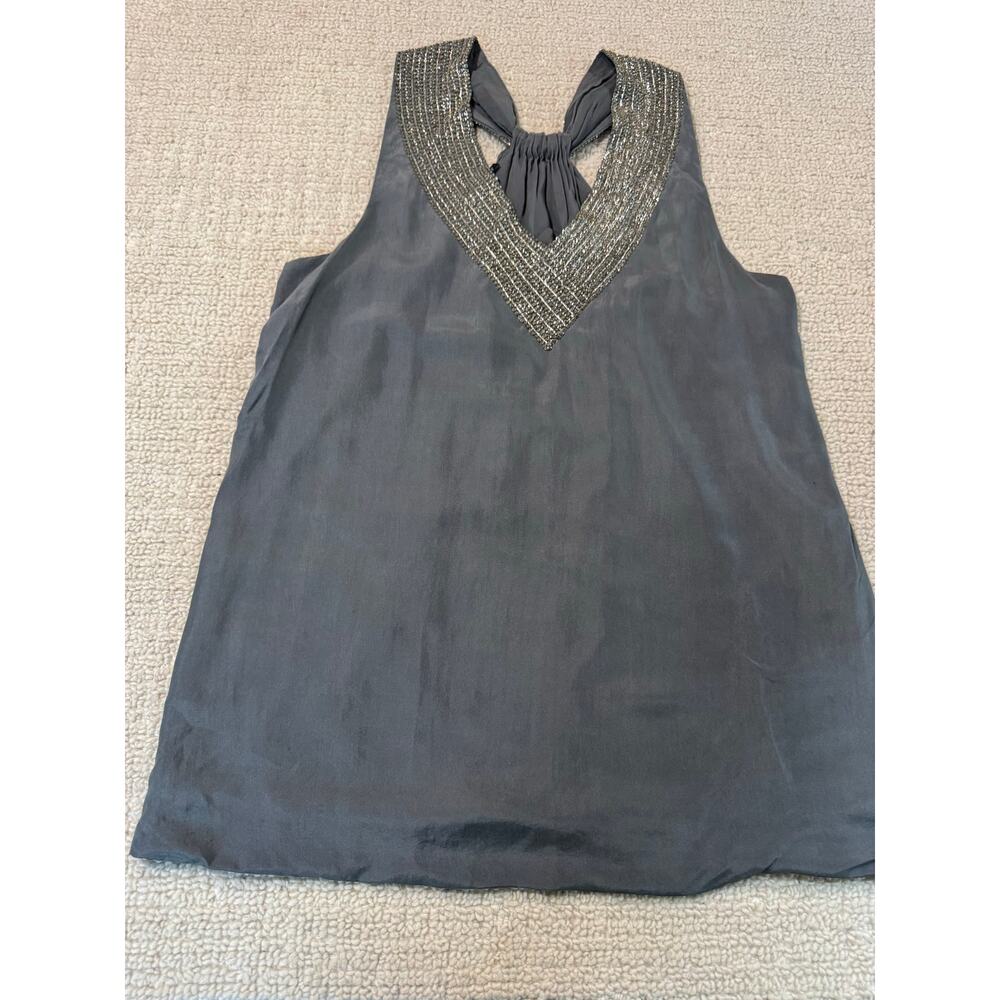 Theory Women’s Small 100% Silk Top Sleeveless Embellished Gray Flowy Boho Chic